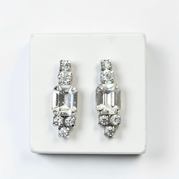 Vintage Jewelry - Vintage Jay Flex Sterling Crystal Earrings Art Deco Style Emerald Cut Rhinestone
